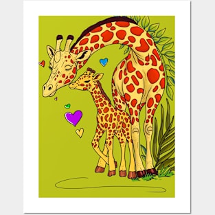 Affectionate giraffe mother nuzzling her calf surrounded by hearts and foliage Posters and Art